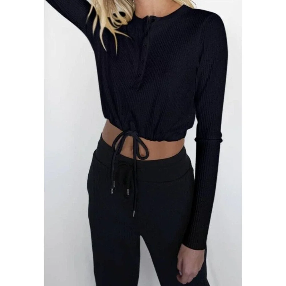 The Range Jumbo Stark Black Thermal Drawcord Long Sleeve Henley NWT
